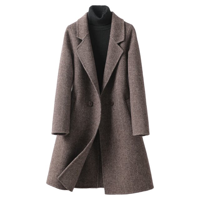 羊毛呢外套女中长款西装领修身气质人字纹秋冬新款高端双面绒大衣