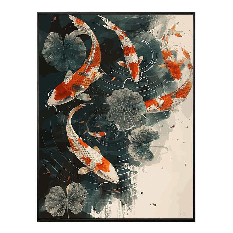 中国水墨风荷塘金鱼数字油画diy填充涂色手工绘画客厅丙烯油彩画