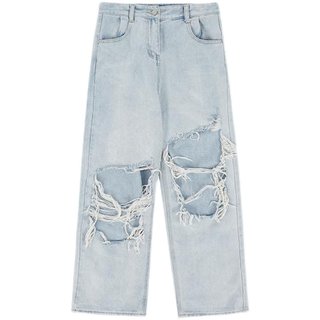 Plus size fat mm beggar ripped jeans female spring and autumn student Harajuku ins loose slim straight wide leg pants trendy