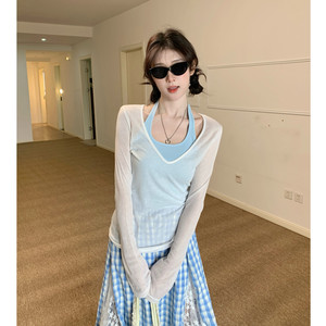 春秋季2025新款温柔风微透V领森系罩衫T恤女挂脖背心套装防晒长袖