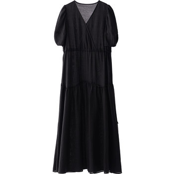 Cr adjustable waist cord stitching a-line short-sleeved dress
