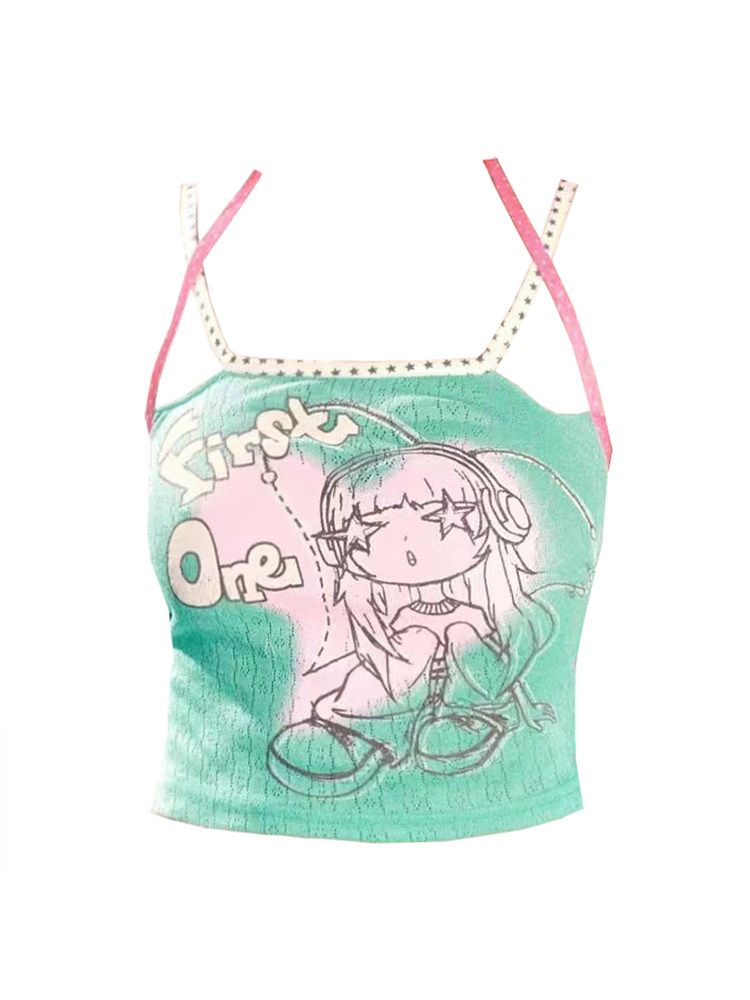 เสื้อซับในสไตล์ Y2K คอเต่า สายผูก ลายพิมพ์เฉพาะตัว โทนสีมินต์ แมมโบ้ ดีไซน์กระชับเอว เปลือยโชว์เอว ใส่แล้วดูเพรียวบาง