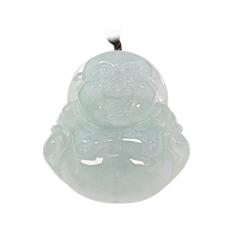Light Picking Up Myanmar Natural Grade A Jade Ice Translucent Thick Faint Blue Green Laughing Buddha Jade Pendant