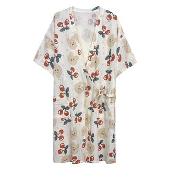 Japanese Cherry Bear plus size nightgown for women pure cotton gauze 200 pounds bathrobe summer thin-sleeved nightgown ບາງບໍລິການເຮືອນ