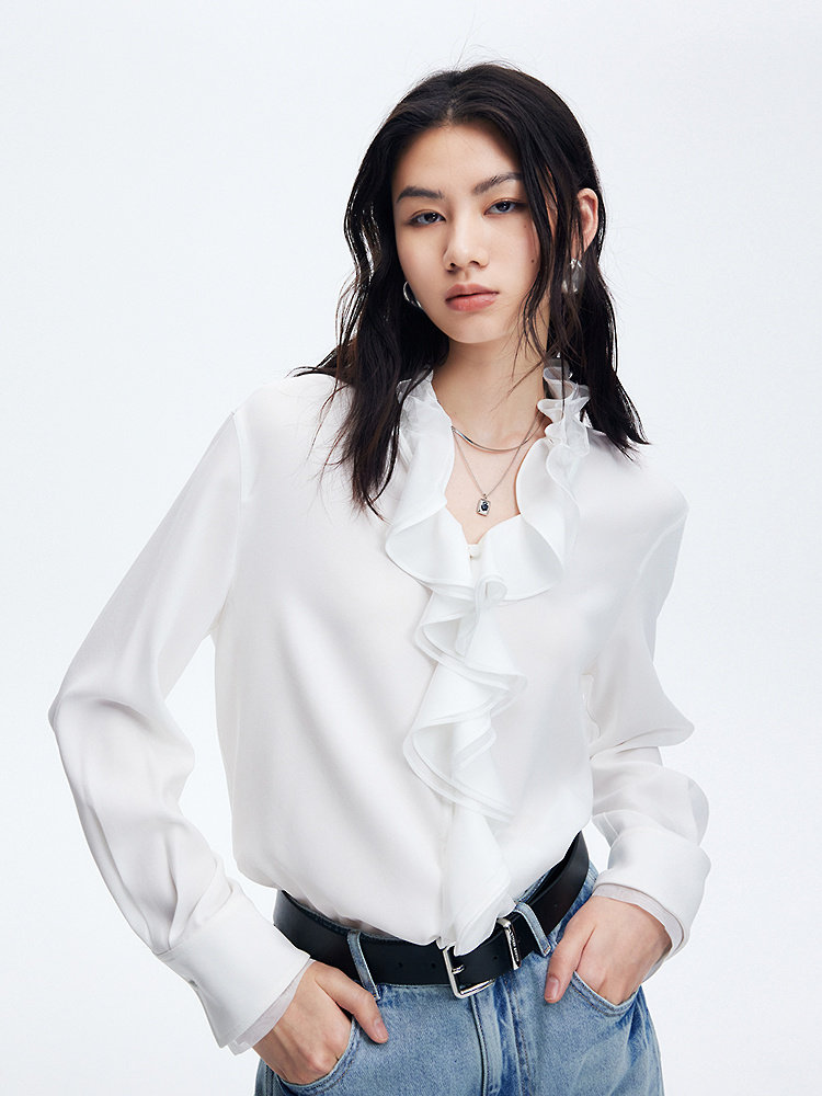 【Elegant Ruffles】FF Women's Shirt 2026 Spring New Arrival Acetate Blend High-End Long-Sleeved Shirt