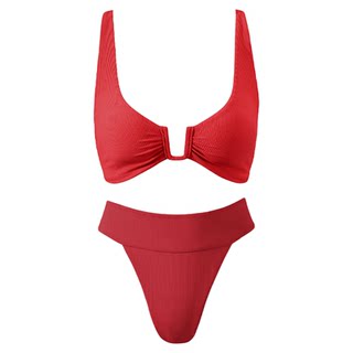 BERLOOK热烈活力系列红色性感凹形镂空交叉系带比基尼度假风温泉