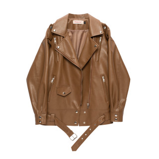 Women's loose mid-length leather jacket for women