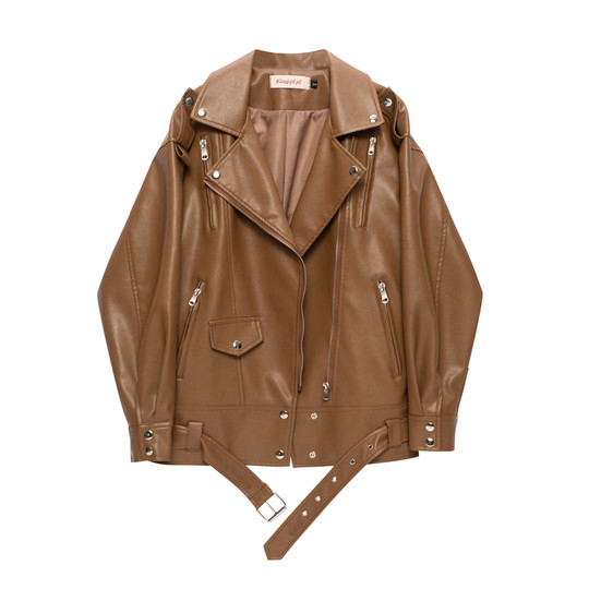 Women's loose mid-length leather jacket for women
