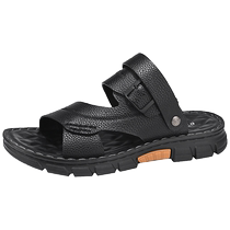Bull Family Sandals Mens Summer Outerwear Dad Driving Dual-Purpose Leather Sandals Summer Deodorant Anti-Slip Beach Shoes