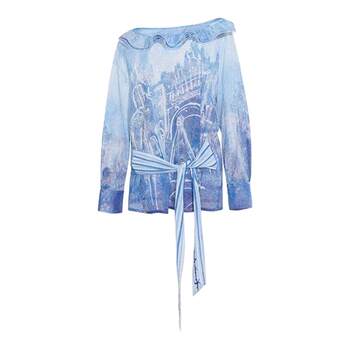 Van gogh island love 2026 spring new style holiday style wooden side off-shoulder collar strap printed chiffon shirt for women