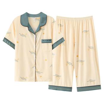 Yu Zhaolin pajamas ແມ່ຍິງ summer ຝ້າຍບໍລິສຸດຂອງກາງເກງສັ້ນແຂນສັ້ນ Crop pants cardigan ເຮືອນໃສ່ summer ແບບບາງໆສາມາດໃສ່ນອກຊຸດສອງສິ້ນ
