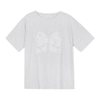 Xinbangbang homemade Korean chic embroidered lace bow top printed short-sleeved T-shirt for women 2024 ຮູບແບບໃຫມ່