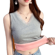 Lace V-neck thermal vest for women winter velvet thickened bottoming shirt sleeveless bottoming shirt heating inner layer autumn clothes