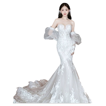 Detachable long-sleeved main wedding dress with waist and fishtail 2024 new spring retro super fairy lace wedding dress with long tail for women