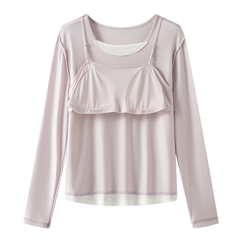 Fake two-piece ice ribbon breast pad pajamas for women with long sleeves and outer wear