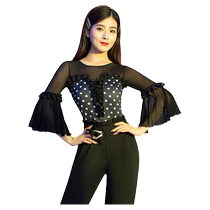 Eshang Nadine Latin dance clothes womens tops new national standard modern dance practice clothes sexy polka dot mesh