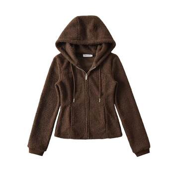 Lazy Style, Warm and Comfortable, Drawstring Hooded Zipper Slim-Fit Short Jacket, Autumn and Winter Style, Waist-Cinching, Slimming Lamb Fleece Sweatshirt