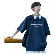 Japanese short-sleeved T-shirt mens summer cityboy youth summer wear trendy loose pure cotton heavy size large size five-quarter sleeves