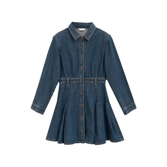 PIT复古设计感法式收腰牛仔连衣裙女秋装新款高腰显瘦裙子