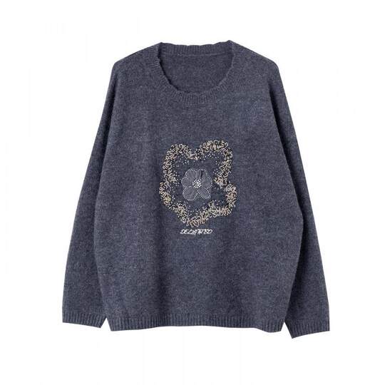 宝诗黎圆领刺绣钉珠毛衣女2025秋冬洋气慵懒百搭宽松内搭针织上衣