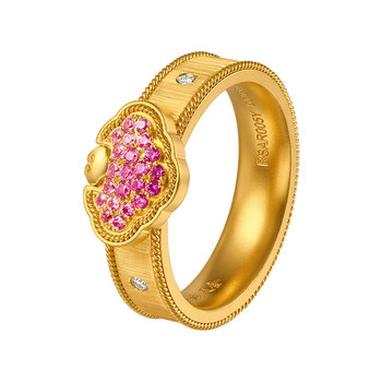 Palace quality ancient handmade gold ruyi ring pure gold diamond pink sapphire