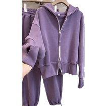 Purple Sweatshirt Small Ocean Dress Two Suit Pants Woman Early Spring Net Red sister Salt Tie Wear Hitch High Sense Leisure Sports