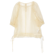 (Mist Color Ink) puretea tea silk mesh silk print shirt womens pleated drawstring 2024 summer new style