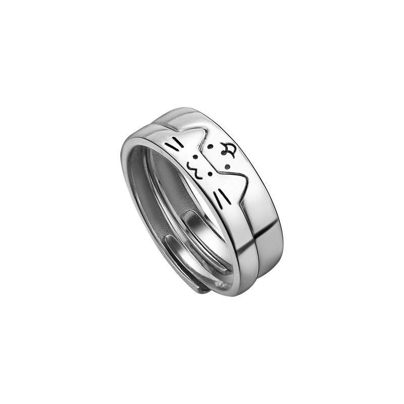 Cat and Puppy Couple Style Sterling Silver Ring