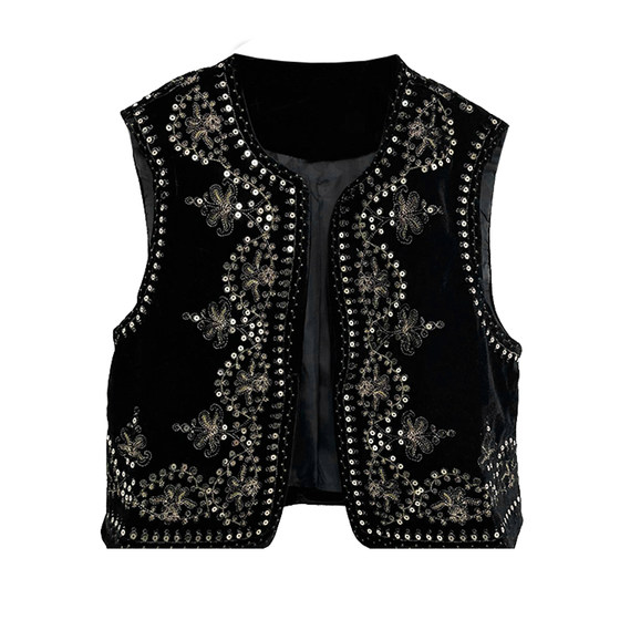 L20 stacking Hong Kong style fashionable retro mixing sequins bling high -waisted short velvet vest cardigan horses clip