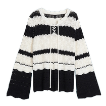 ELLE black and white striped lace collar holiday windy wool knitted sweater 2024 Summer new Lazy Hollowed-out Sweater