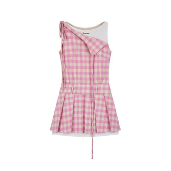 NS76 ພາກຮຽນ spring ແລະ summer ໃຫມ່ waist ສາວ sleeveless pleated skirt plaid ສາຍ dress double bow tie skirt