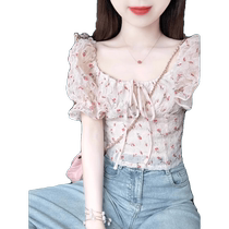 Square collar floral short-sleeved T-shirt womens shirt summer new slim slim shirt French puff sleeve temperament top