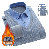 Winter underwear fake two-piece warm shirt mens velvet thickened shirt young and middle-aged dads knitted sweater top