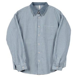 【蓝调拼图】几立 牛仔领子拼接格子长袖衬衫