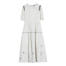 (dyed plaid) puretea tea embroidery flower dress womens pleated puff sleeves 2023 summer new product