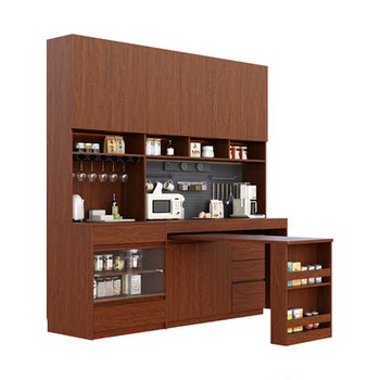 National repair solid wood sideboard with hole board, rotating built-in dining table, retractable wall-mounted integrated living room tea cabinet