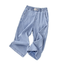 Tencel cropped pants womens straight jeans summer thin high-waisted slim ice silk pants elastic waist wide leg mid-pants
