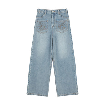 Blueerror loose galsang flower embroidered straight jeans women's french relaxed slimming pants trousers summer