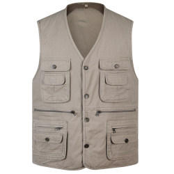 Spring and Autumn middle-aged and elderly men's vests V-neck multi-pocket waistcoat vest dad wear outdoor fishing photography pure cotton vest