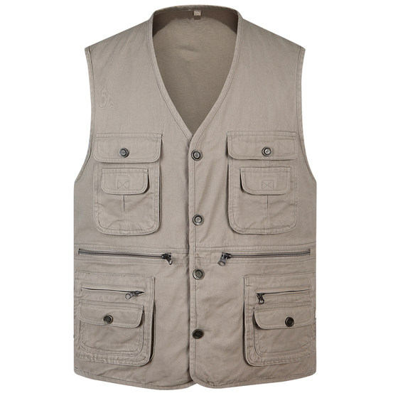 Spring and middle -aged vest men's V -neck multi -pockets, shoulder vests Dad installed outdoor fishing photography pure cotton folders