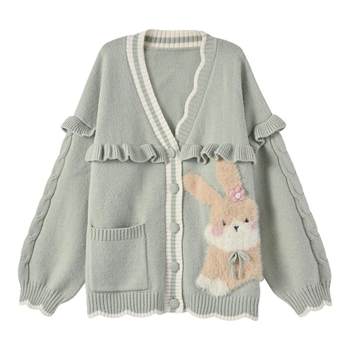 Mori girl tribe sweet style cute rabbit long-sleeved knitted cardigan for women 2025 new v-neck loose sweater autumn