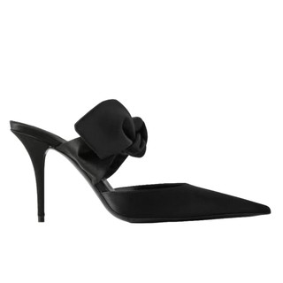2025新款尖头细跟高跟鞋女黑色绸缎蝴蝶结包头凉鞋性感气质穆勒鞋