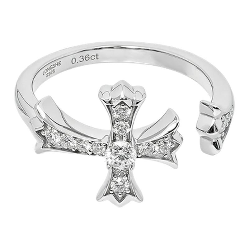Dragon Snake Silver Cross Open Adjustable Diamond Ring