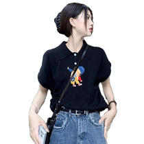 Black polo collar right shoulder short-sleeved t-shirt for women summer new 2024 European hot style chic small shirt small top