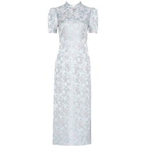 DPLAY2024 summer new Chinese satin jacquard blue national style cheongsam dress long skirt for women
