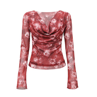 Retro rose print mesh long-sleeved turtleneck top