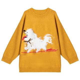 KEIKO 可爱萌宠提花姜黄色毛衣秋冬慵懒高级感宽松圆领套头针织衫