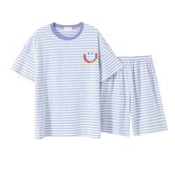 Smiley Striped Thin Pajamas Women Summer Cotton Pure 2024 New Loose Casual Neck Can be Weared Outside Home Clothing