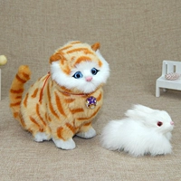 Толстый белый кот с искусственным мехом — желтый узор, маленький зайчик, колокольчик + галстук-бабочка.