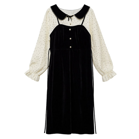 DM100 plus size 100% women's slightly fat mm winter gentle fake two-piece waist polka-dot velvet dress